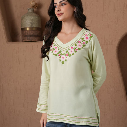 Qazmi Women's Amina Kashmiri Embroidered V-Neck Short Kurti