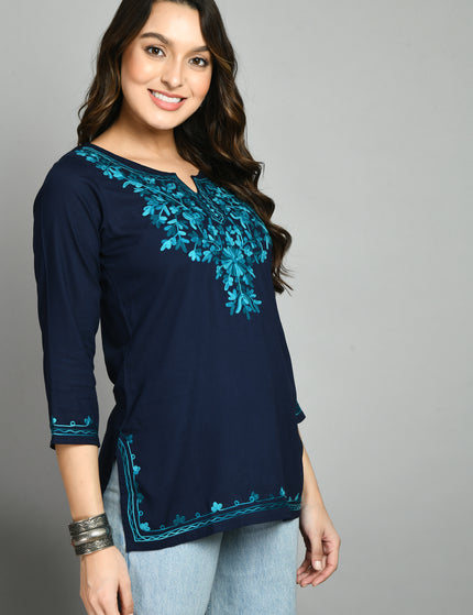 Blue Rama Green Aari Short Kurti For Women