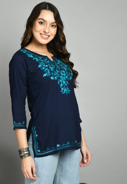 Blue Rama Green Aari Short Kurti For Women