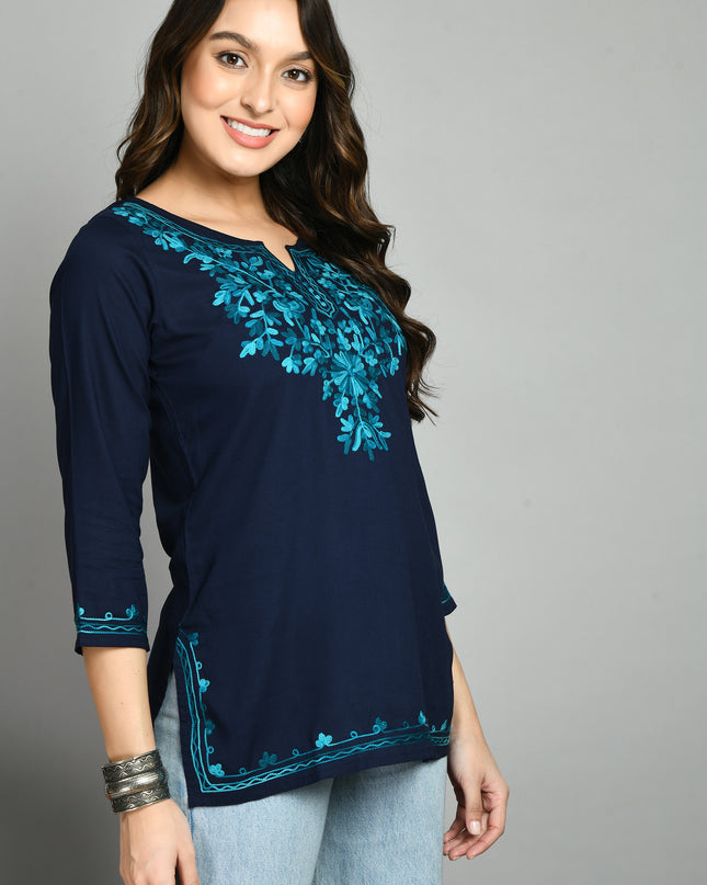 Blue Rama Green Aari Short Kurti For Women