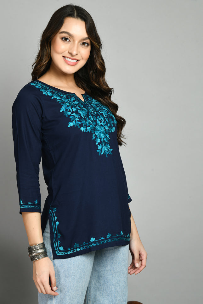 Blue Rama Green Aari Short Kurti For Women