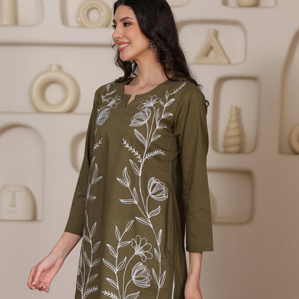 Qazmi Women's Aari Embroidered Pure Cotton Short Kurta