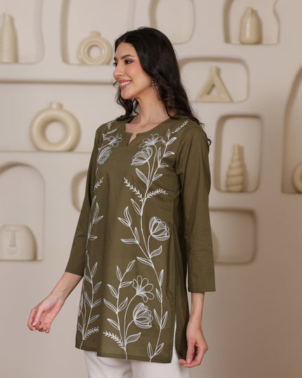 Qazmi Women's Aari Embroidered Pure Cotton Short Kurta