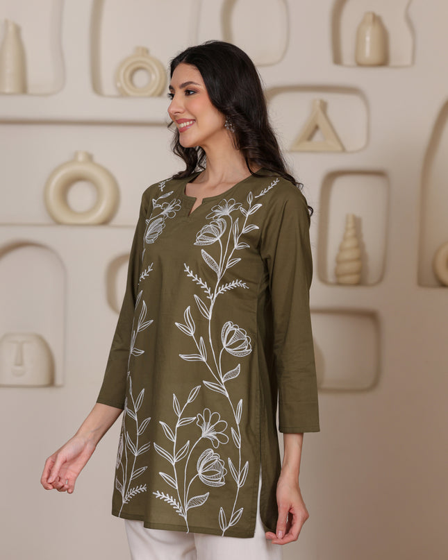 Qazmi Women's Aari Embroidered Pure Cotton Short Kurta