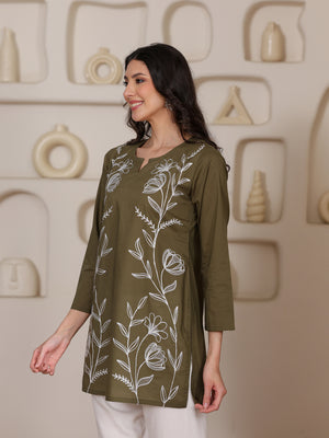Qazmi Women's Aari Embroidered Pure Cotton Short Kurta