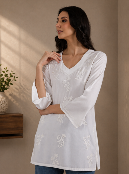 Qazmi Women Kashmiri Aari Embroidered Viscose Rayon Flared Sleeves Short Kurti