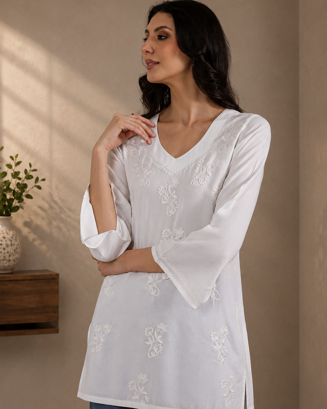 Qazmi Women Kashmiri Aari Embroidered Viscose Rayon Flared Sleeves Short Kurti
