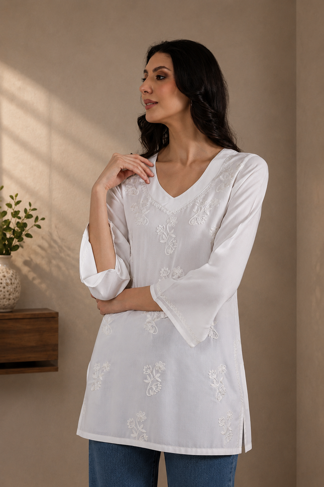 Qazmi Women Kashmiri Aari Embroidered Viscose Rayon Flared Sleeves Short Kurti