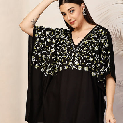 QAZMI Sheen V-Neck Flared Sleeves Kashmiri Aari Work Kaftan Kurti
