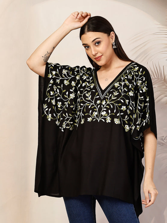 QAZMI Sheen V-Neck Flared Sleeves Kashmiri Aari Work Kaftan Kurti