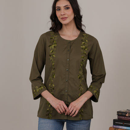 Qazmi Women Aari Embroidered Pure Cotton Mandarin Collar Top