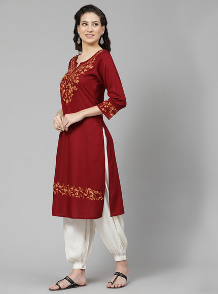 Maroon A-Line Aari Long Kurti For Women