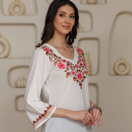 Qazmi Women's Nafisa Kashmiri Aari Work V-Neck Blue Kurti