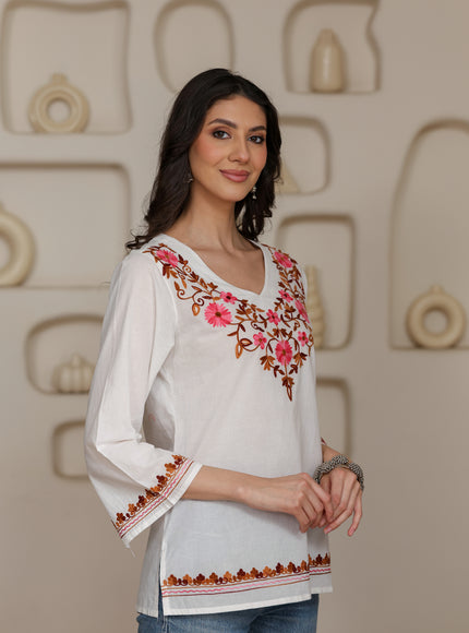 Qazmi Women's Nafisa Kashmiri Aari Work V-Neck Blue Kurti
