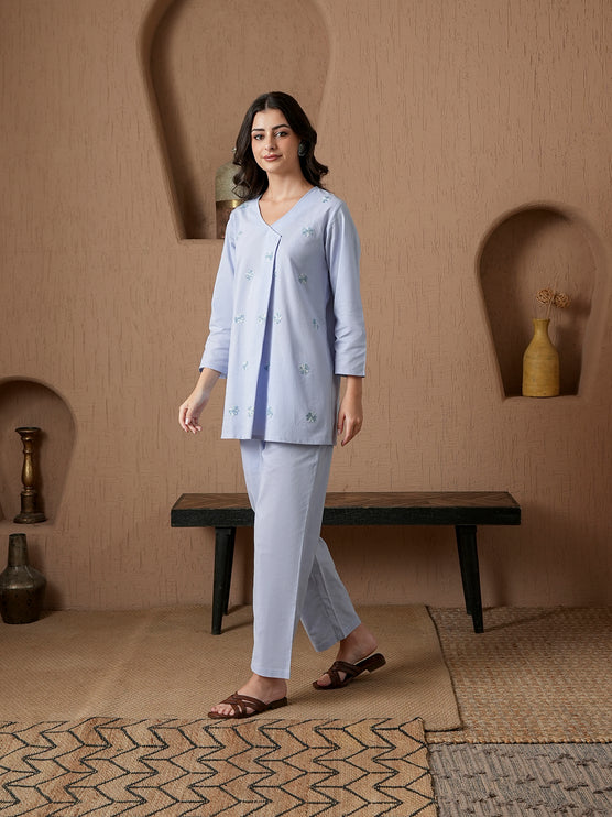 Qazmi Women's Cotton Linen Kashmiri Aari Work CoOrd Set