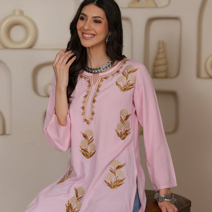 Qazmi Women Kashmiri Aari Embroidered Viscose Rayon Short Kurta