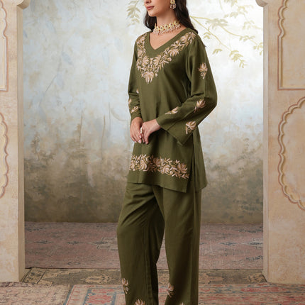Qazmi Women's Kashmiri Chinarkari Work Olive Green CoOrd Set