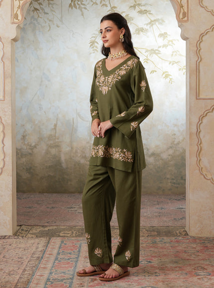 Qazmi Women's Kashmiri Chinarkari Work Olive Green CoOrd Set