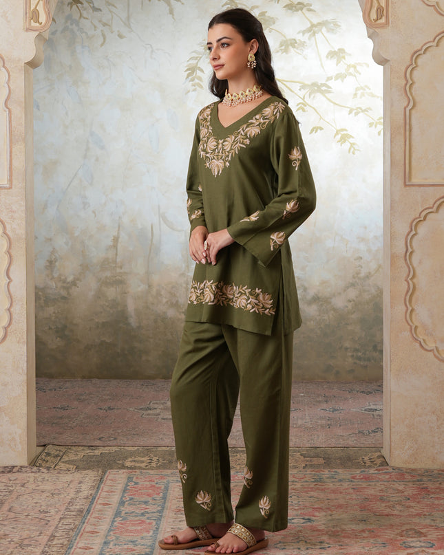 Qazmi Women's Kashmiri Chinarkari Work Olive Green CoOrd Set