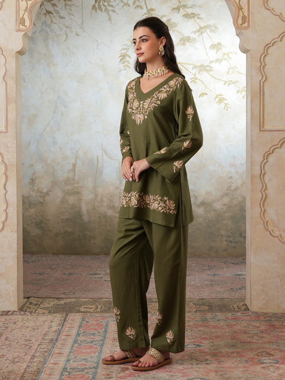 Qazmi Women's Kashmiri Chinarkari Work Olive Green CoOrd Set