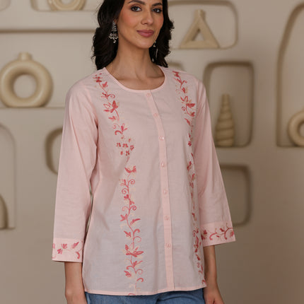 Qazmi Women Aari Embroidered Pure Cotton Mandarin Collar Top
