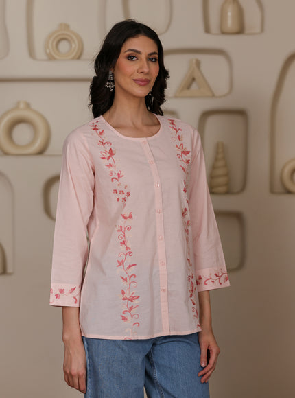 Qazmi Women Aari Embroidered Pure Cotton Mandarin Collar Top