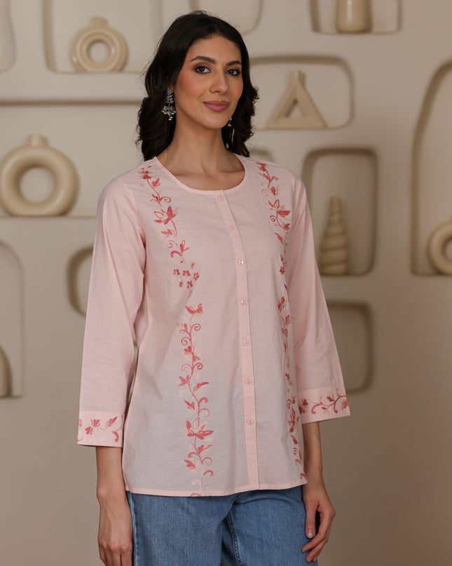 Qazmi Women Aari Embroidered Pure Cotton Mandarin Collar Top