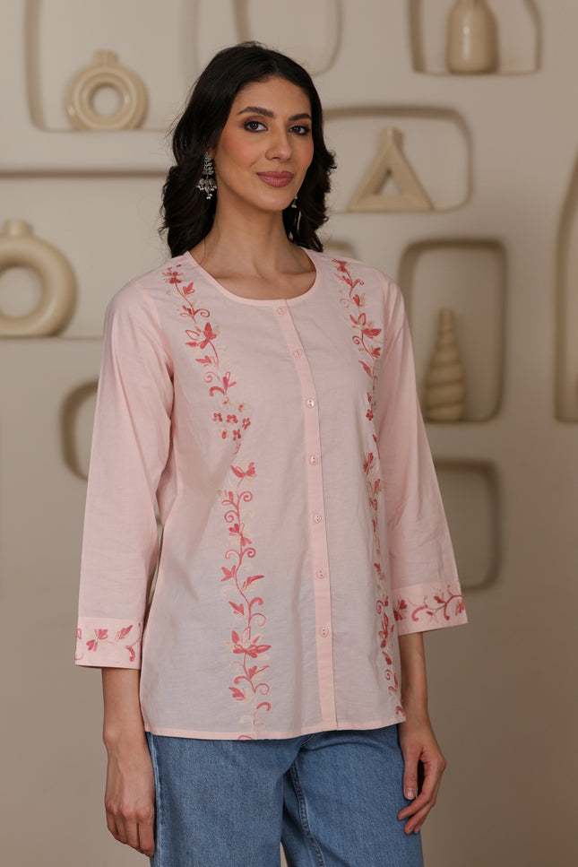 Qazmi Women Aari Embroidered Pure Cotton Mandarin Collar Top