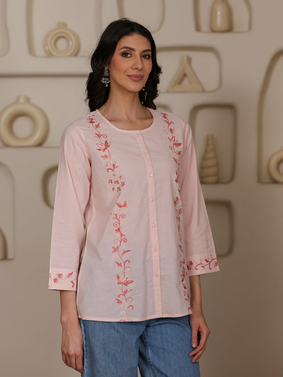Qazmi Women Aari Embroidered Pure Cotton Mandarin Collar Top
