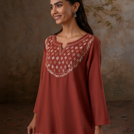 Qazmi Women's Azra Kashmiri A-Line Full Sleeves Viscose Rayon Short Kurti