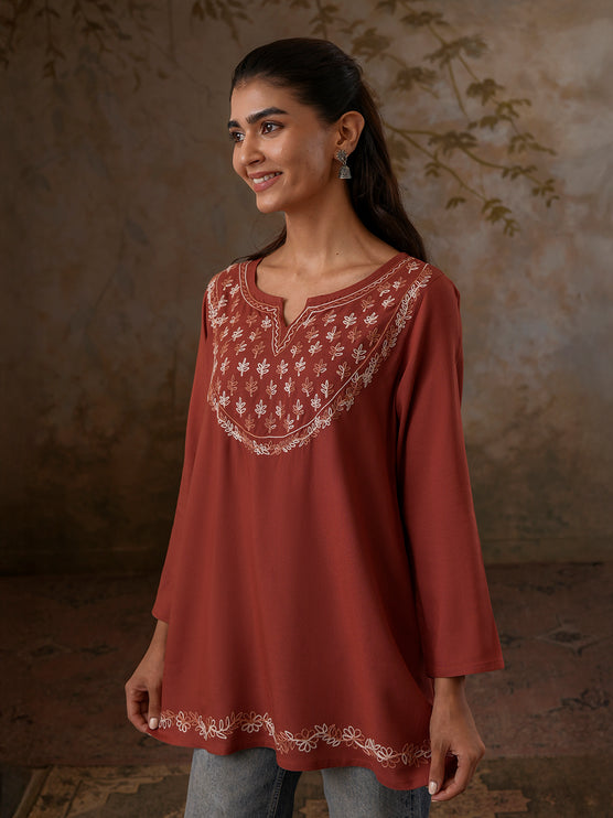 Qazmi Women's Azra Kashmiri A-Line Full Sleeves Viscose Rayon Short Kurti