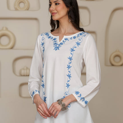 Qazmi Women Kashmiri Aari Embroidered A-Line Viscose Rayon Short Kurti with Full Sleeves