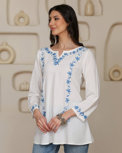 Qazmi Women Kashmiri Aari Embroidered A-Line Viscose Rayon Short Kurti with Full Sleeves