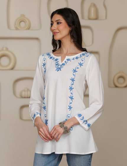 Qazmi Women Kashmiri Aari Embroidered A-Line Viscose Rayon Short Kurti with Full Sleeves