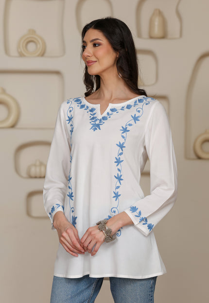 Qazmi Women Kashmiri Aari Embroidered A-Line Viscose Rayon Short Kurti with Full Sleeves