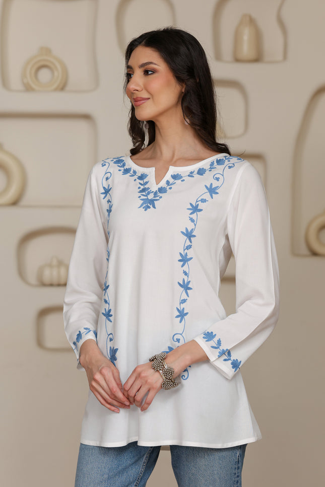 Qazmi Women Kashmiri Aari Embroidered A-Line Viscose Rayon Short Kurti with Full Sleeves