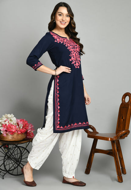 Blue Pink Aari Long Kurti For Women