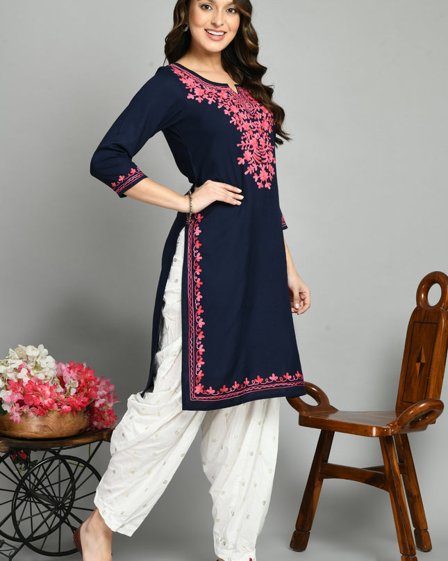 Blue Pink Aari Long Kurti For Women