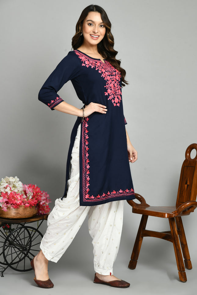 Blue Pink Aari Long Kurti For Women