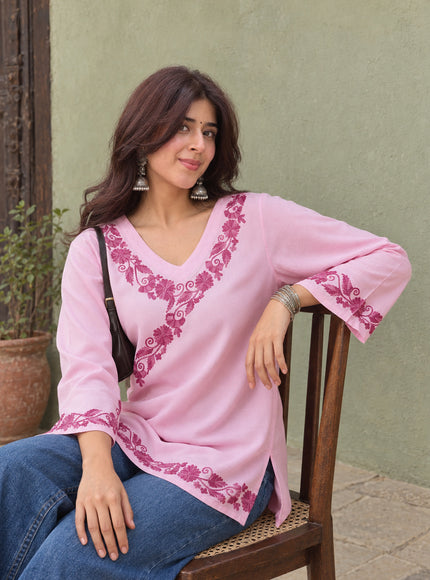 Qazmi Women's Jina V-Neck Kashmiri Aari Work Full Sleeves Kurti