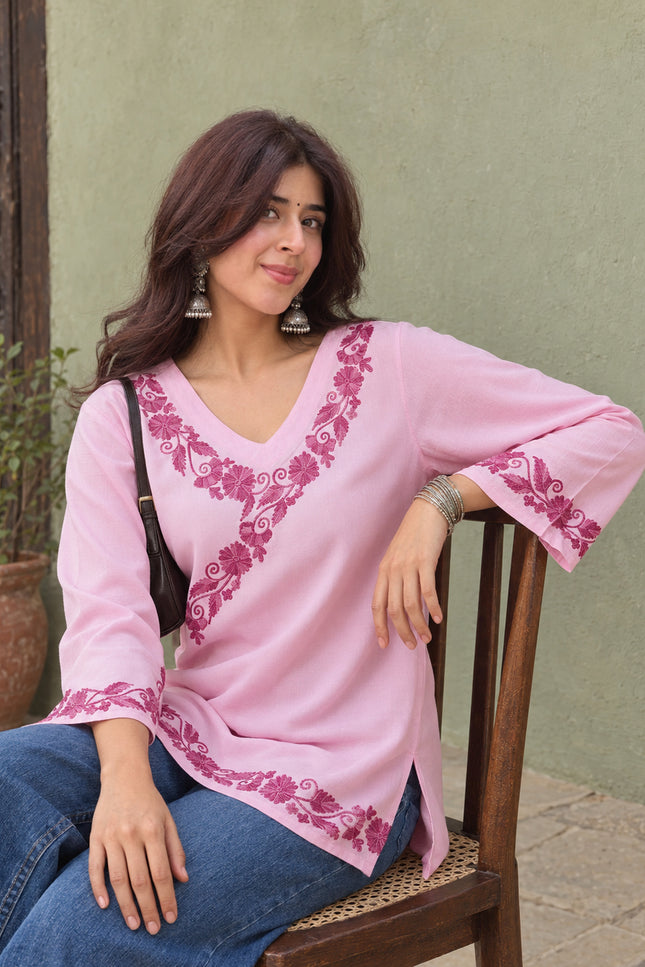 Qazmi Women's Jina V-Neck Kashmiri Aari Work Full Sleeves Kurti