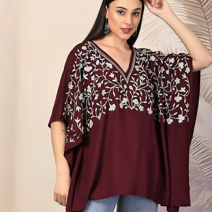 QAZMI Sheen V-Neck Flared Sleeves Kashmiri Aari Work Kaftan Kurti