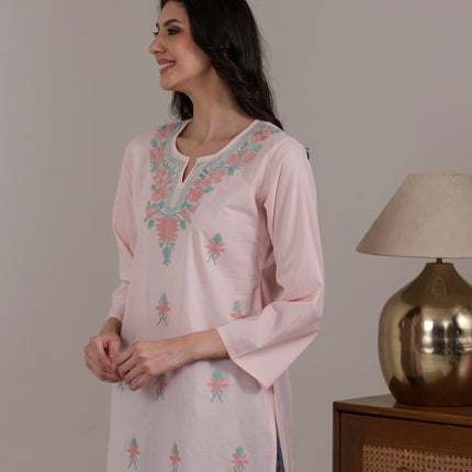 Qazmi Women's Aari Embroidered Pure Cotton Short Kurta