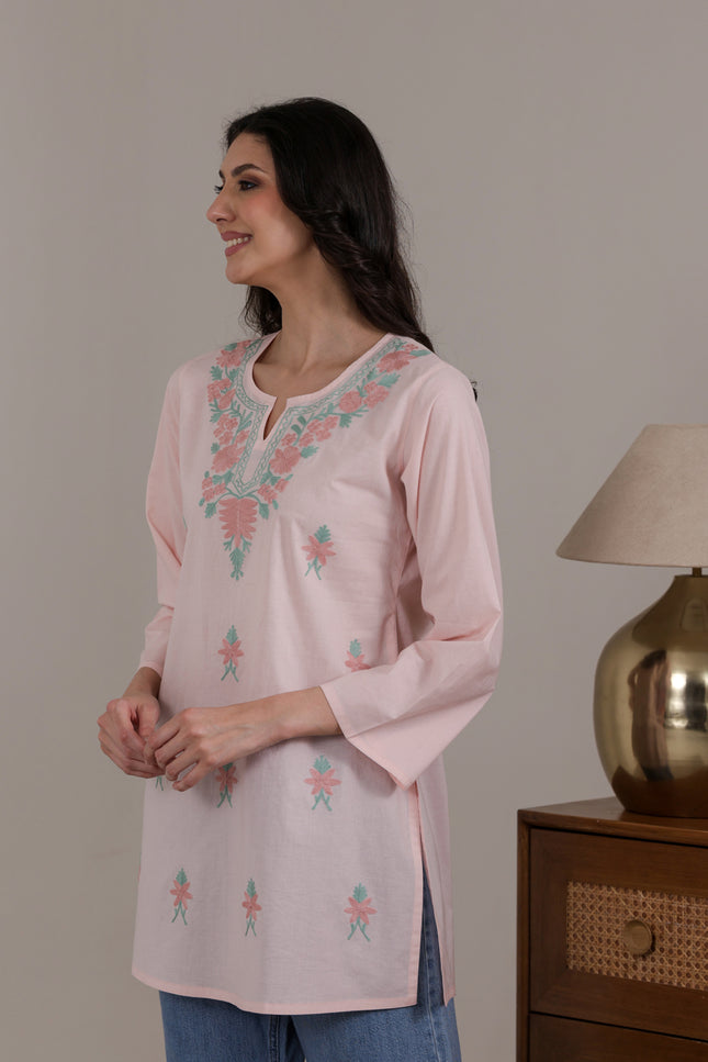 Qazmi Women's Aari Embroidered Pure Cotton Short Kurta