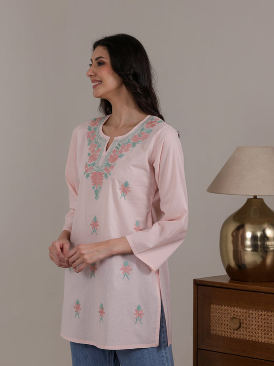 Qazmi Women's Aari Embroidered Pure Cotton Short Kurta