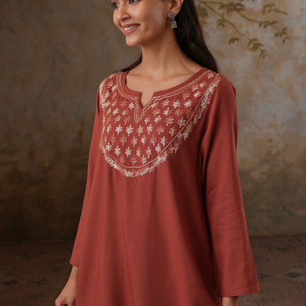 Qazmi Women's Azra Kashmiri A-Line Full Sleeves Viscose Rayon Short Kurti