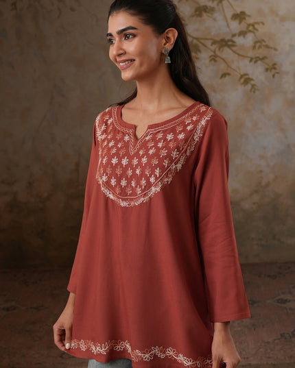 Qazmi Women's Azra Kashmiri A-Line Full Sleeves Viscose Rayon Short Kurti