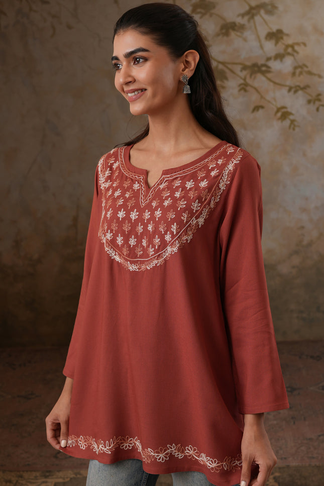 Qazmi Women's Azra Kashmiri A-Line Full Sleeves Viscose Rayon Short Kurti