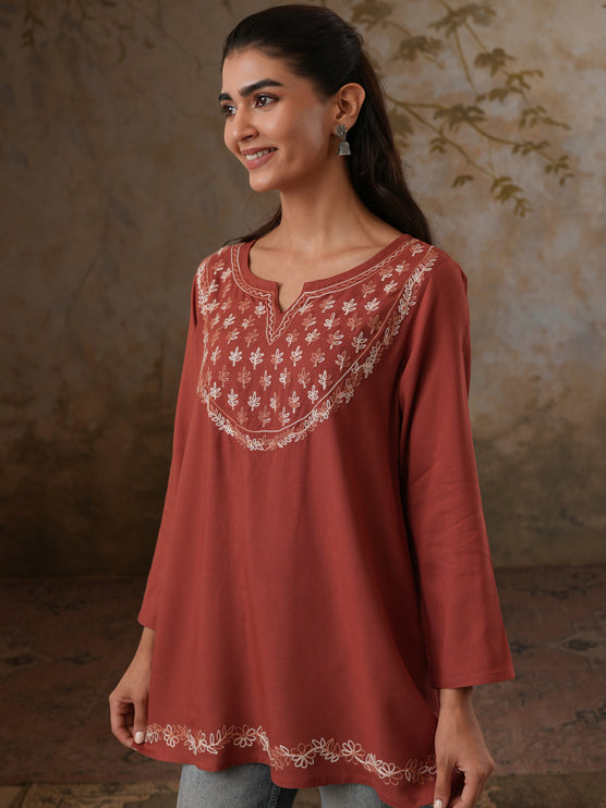 Qazmi Women's Azra Kashmiri A-Line Full Sleeves Viscose Rayon Short Kurti