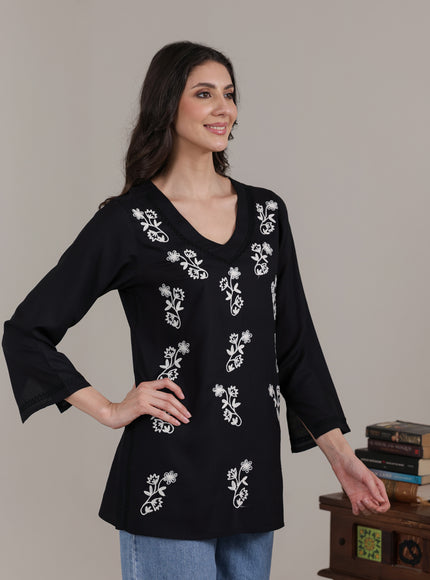 Qazmi Women Kashmiri Aari Embroidered Viscose Rayon Flared Sleeves Short Kurti